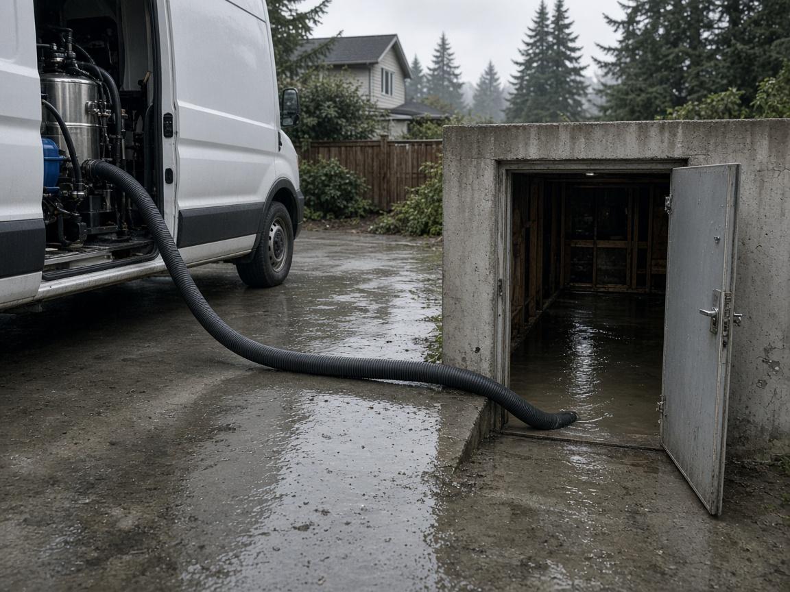 Truck-mounted water extractor removing flood water from Surrey BC property